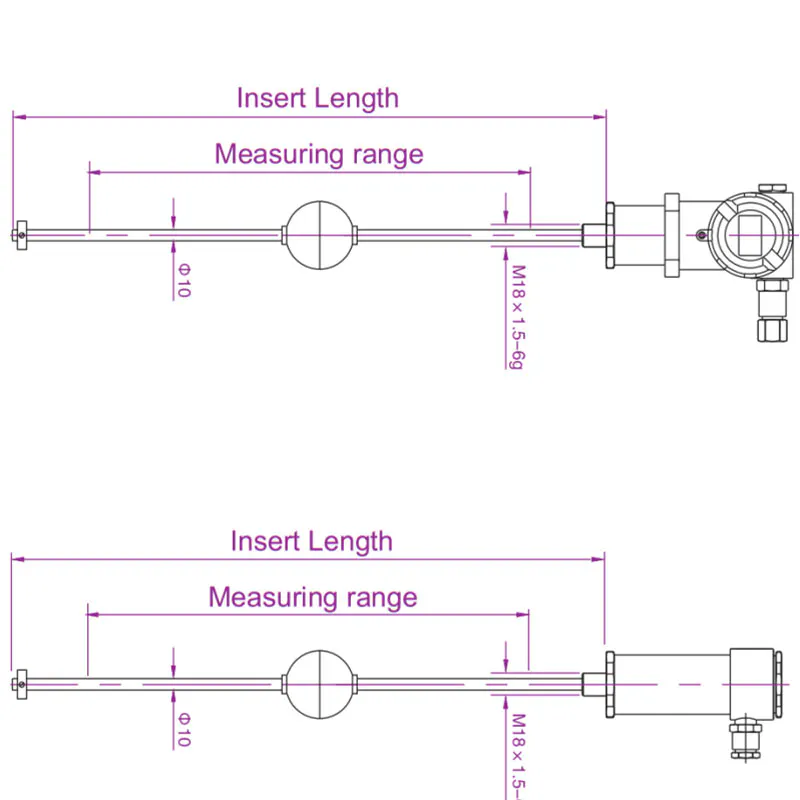 This image shows a magnetostrictive level gauge with a stainless steel float and digital display, suitable for precise liquid level monitoring.