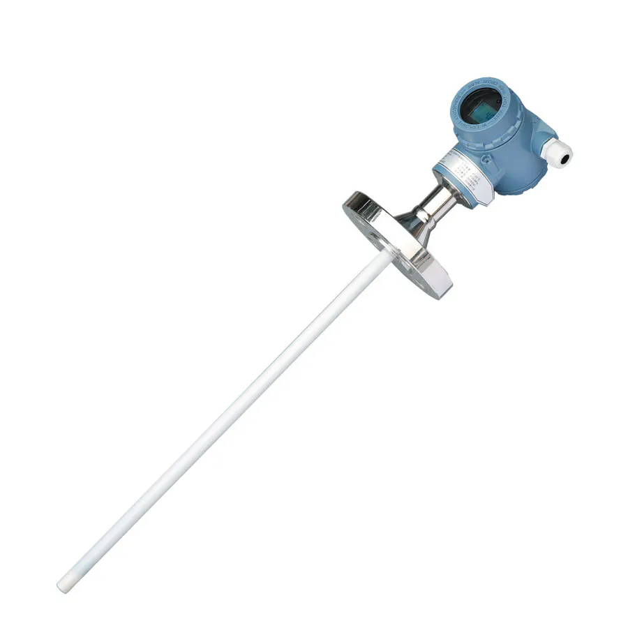 Rod-type capacitive level sensor with flange connection, designed for liquid level measurement in industrial storage tanks.