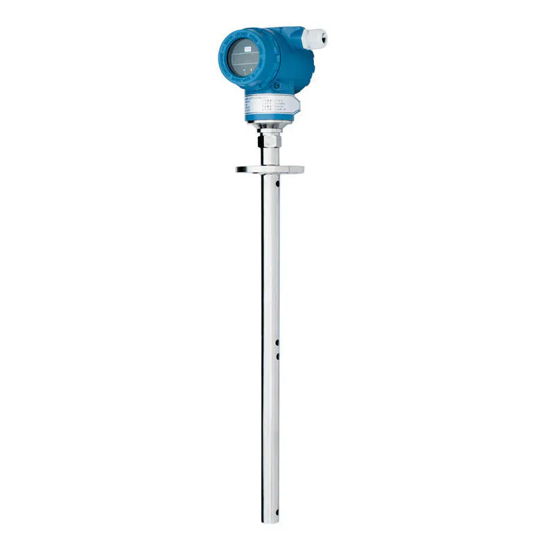 This image shows a capacitive level sensor designed for industrial liquid level detection, featuring a robust housing and mounting components.