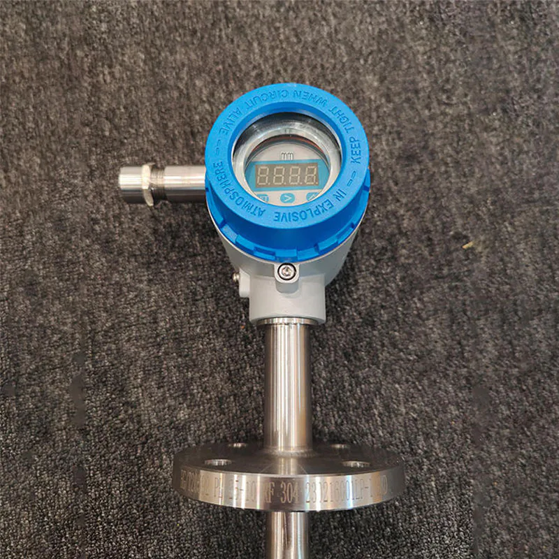 This image shows a capacitive water level sensor, suitable for water level measurement, with a digital display and stainless steel housing.