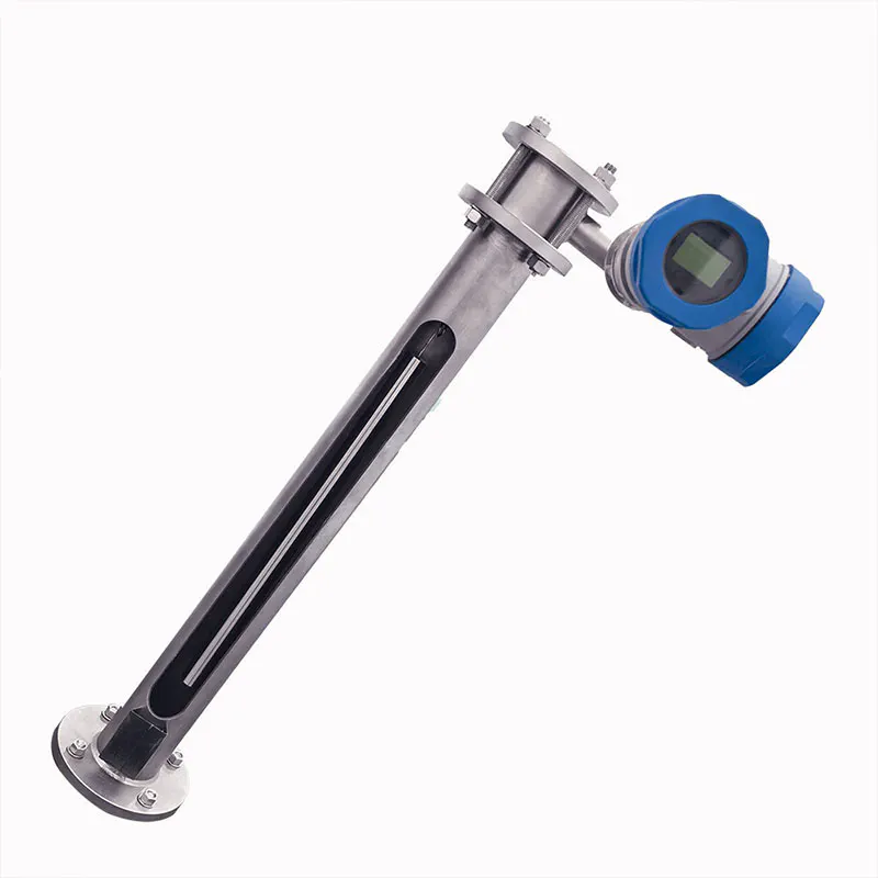 This image shows a displacement float level gauge with a digital display and stainless steel float, suitable for liquid level monitoring.