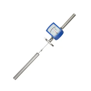 This image shows a displacer type level gauge with a stainless steel displacer and analog dial display, suitable for liquid and interface level monitoring.