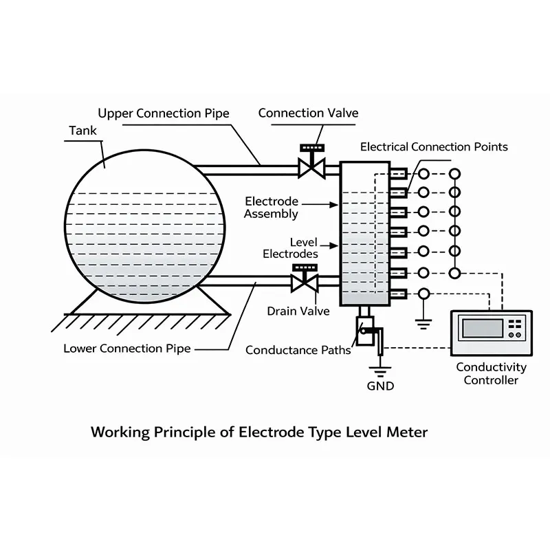 Working principle diagram of an electrode type level meter, showing tank connection, electrode assembly, conductive paths, and controller wiring for conductive liquid level measurement.