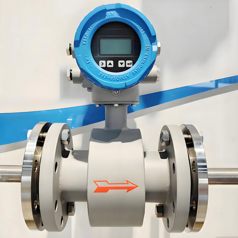 Flanged electromagnetic flowmeter with blue explosion-proof display, used for measuring conductive liquid flow in industrial pipelines.