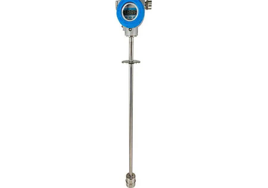 This image shows a float level gauge with a digital display and stainless steel sensor tube, designed for liquid level monitoring systems, widely used in various liquid storage applications.