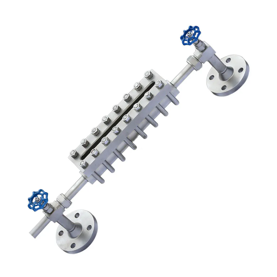 Glass material level gauge sight glass with blue handwheels and metal fittings, designed for liquid level monitoring in high-pressure liquid environments.