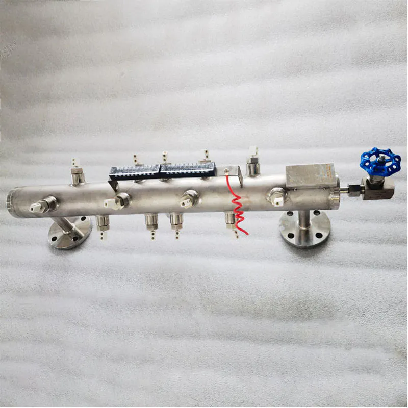 Stainless steel level electrode sensor assembly with multiple electrode ports and flange mounting, designed for industrial tank liquid level detection.