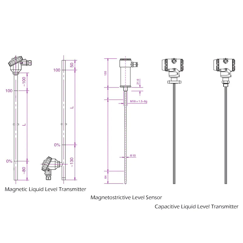 This image shows three different types of liquid level sensors, including a magnetic liquid level sensor, a magnetostrictive level sensor, and a capacitive liquid level sensor. Each sensor is equipped with its corresponding probe and connection ports, suitable for precise measurement of different liquids.