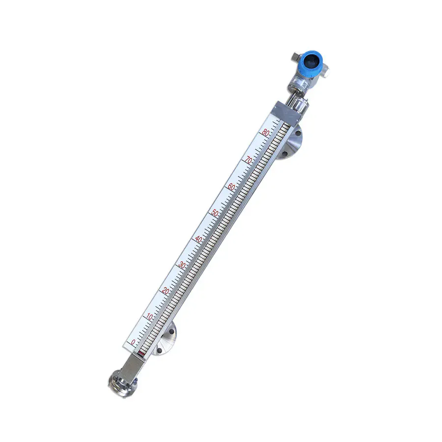 This image shows a magnetic level gauge featuring a clear scale and liquid level display device, suitable for containers that store liquids. The gauge measures liquid level height accurately through the interaction between the external magnetic probe and the internal float.