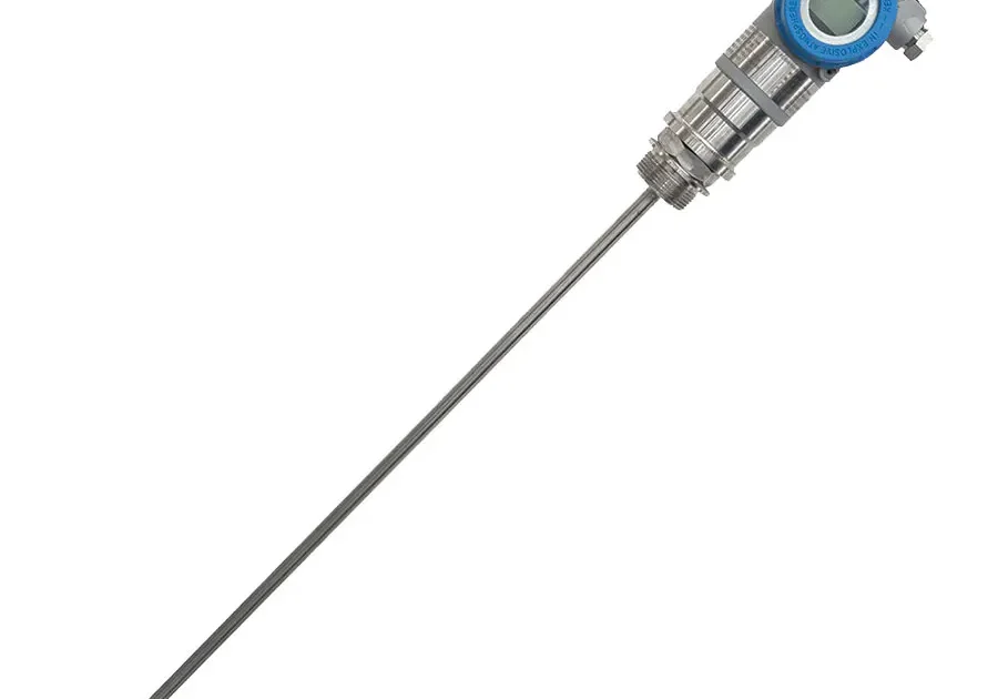 This image shows a magnetostrictive level sensor with a stainless steel float and digital display, used for precise liquid level measurement.