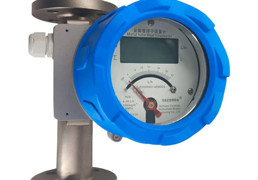 This image shows a metal tube float flowmeter with a digital display and float indicator, suitable for liquid flow monitoring.