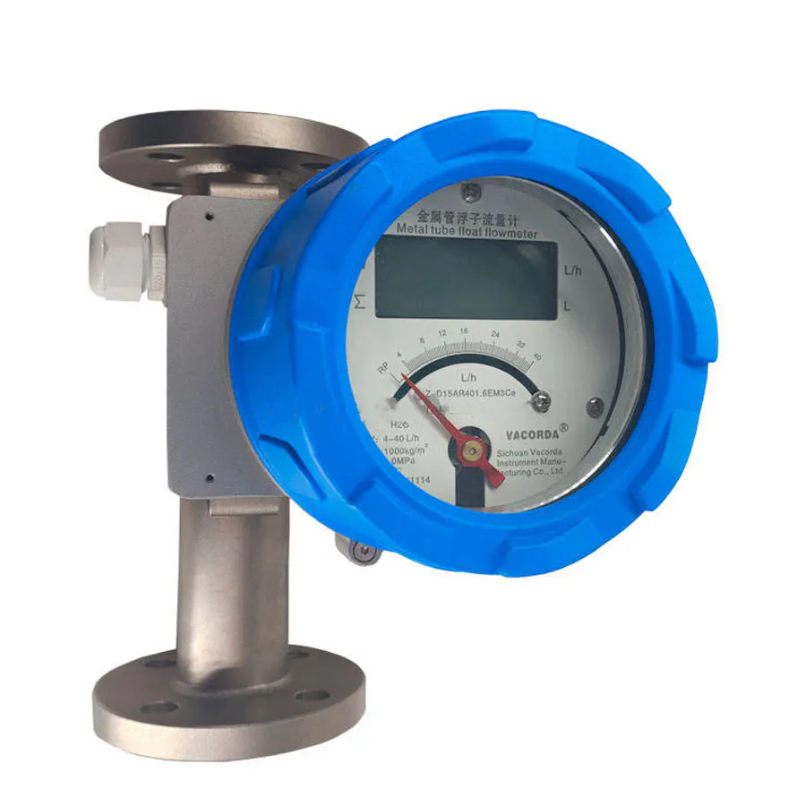 This image shows a metal tube float flowmeter with a digital display and float indicator, suitable for liquid flow monitoring.