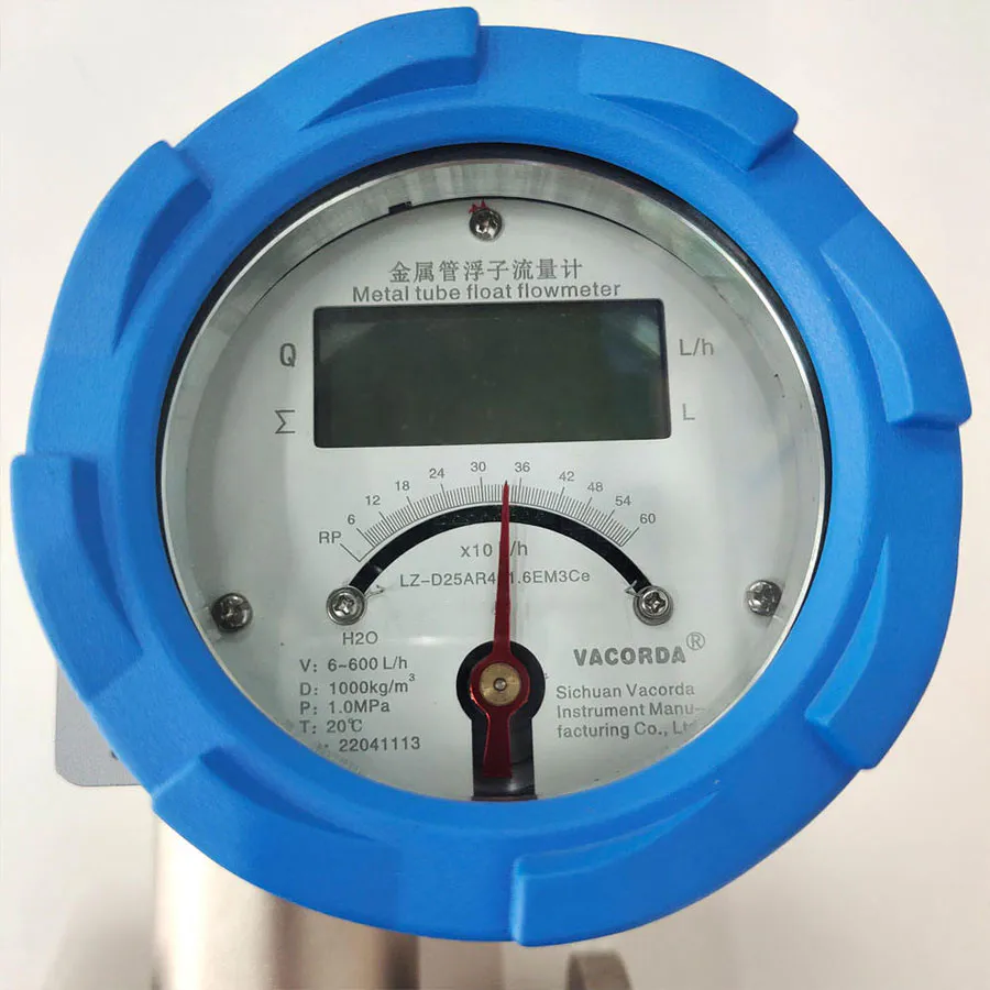 This image shows a metal tube float flowmeter, featuring a digital display and a robust metal pipe structure, suitable for flow monitoring.