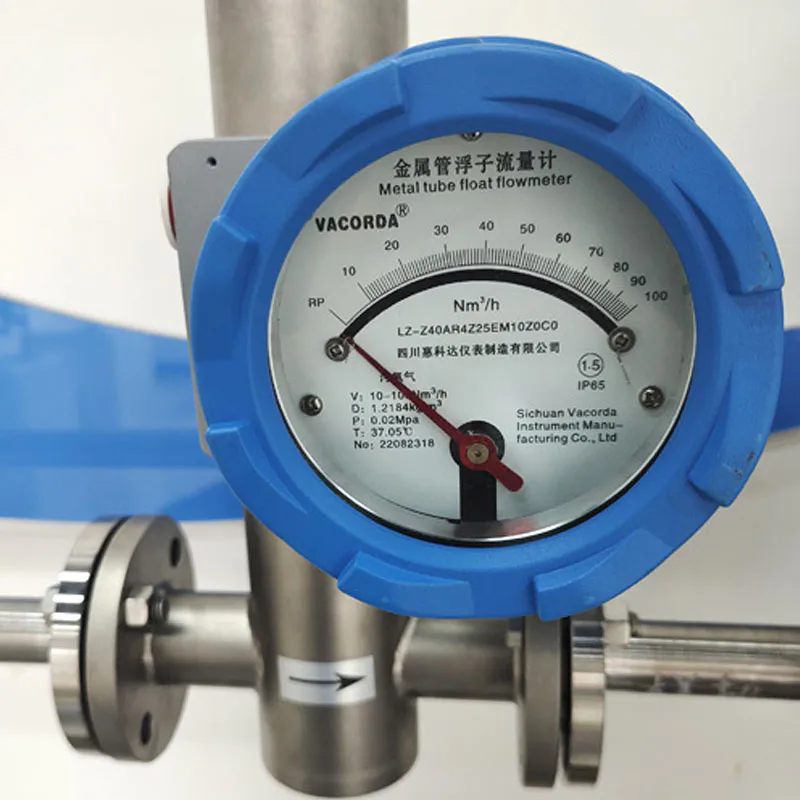 This image shows a metal tube variable area flow meter, with detailed display featuring a blue outer casing and indicators, designed for precise flow measurement.