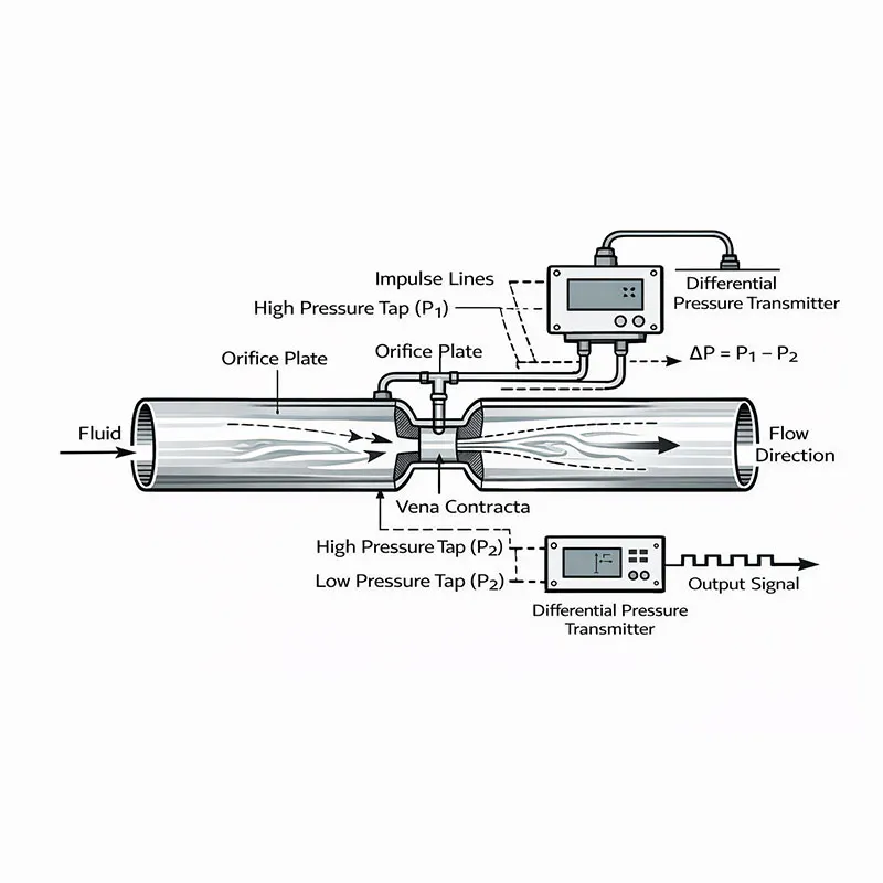 This image illustrates the working principle of an orifice flow meter, showing how the pressure differential created by the orifice is measured by the differential pressure transmitter to determine the flow rate of the fluid.