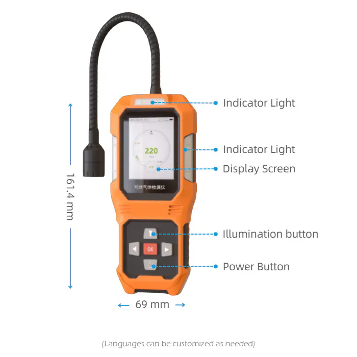 Portable gas detector structure diagram with buttons and display Handheld gas detector dimensions and components