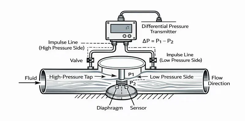Pressure transmitter working principle diagram showing pressure applied to a diaphragm and converted into an electrical signal.