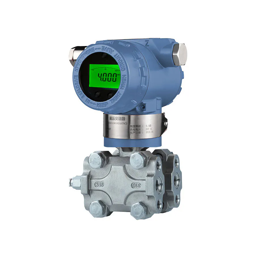 Industrial pressure transmitter with digital display and threaded process connection.