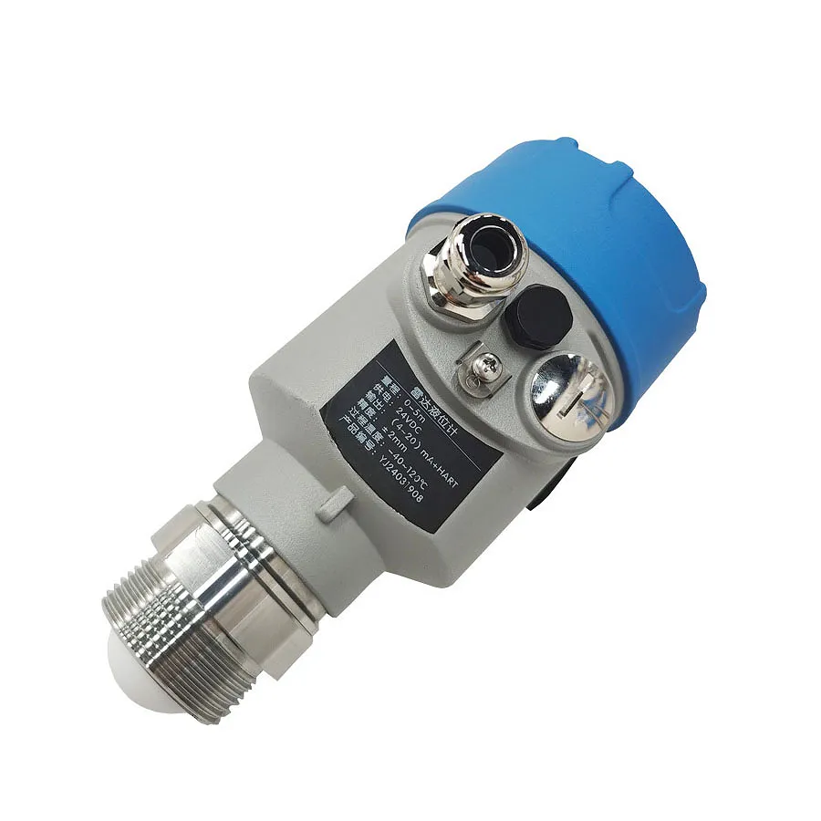 This radar level gauge is built for accurate and non-contact level measurement in industrial processes. It features a rugged design with a blue protective cover and digital connectors for easy integration into automation systems. The gauge is suitable for monitoring liquid levels in tanks and vessels across a wide range of industries, offering high precision and reliable performance under various environmental conditions.