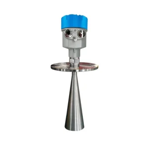 This radar level gauge is specifically designed for mounting on industrial tanks, featuring a stainless steel flange for secure installation. With a blue protective cap and multiple digital connectors, the gauge is ideal for precise liquid level measurement in demanding industrial environments. Its advanced radar technology ensures reliable and accurate readings, even in extreme conditions, such as high temperatures or varying tank contents.
