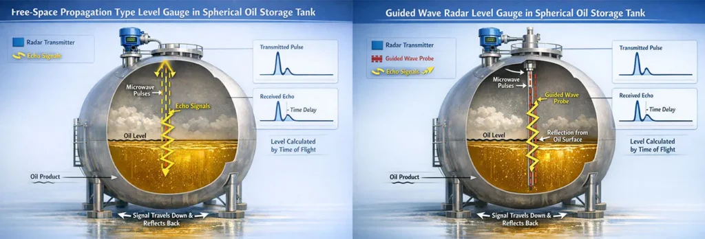 This image illustrates two types of radar liquid level sensor technologies used in spherical oil storage tanks. On the left is the Free-Space Propagation Type Level Gauge, and on the right is the Guided Wave Radar Level Gauge. Both technologies measure the oil level by sending microwave pulses and receiving echo signals. The left technology calculates the oil level using the reflected signal, while the right technology uses a guided wave probe to measure the signal reflected from the oil surface.