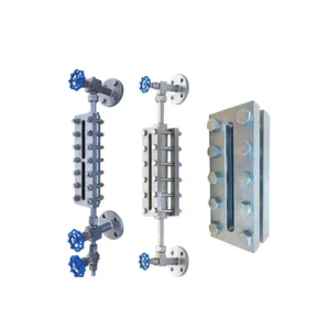 Displays an industrial level gauge sight glass with blue handwheels, suitable for liquid storage and pressure vessels, commonly found in petroleum and chemical industries.