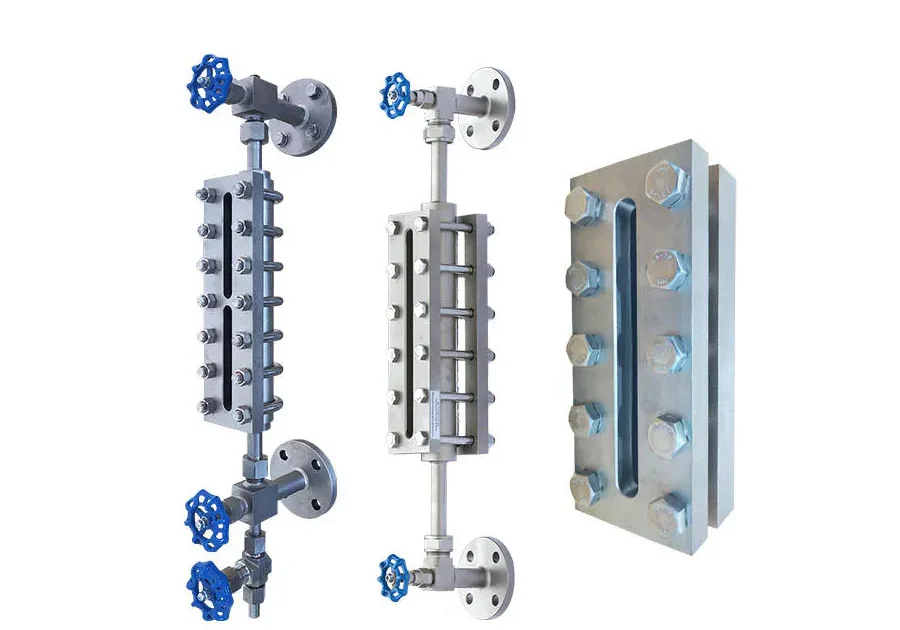 Displays an industrial level gauge sight glass with blue handwheels, suitable for liquid storage and pressure vessels, commonly found in petroleum and chemical industries.