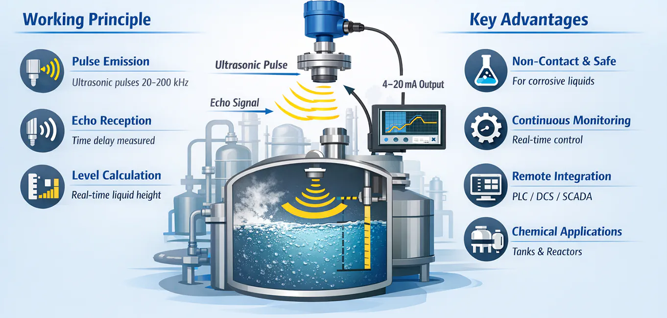 Ultrasonic level measurement working principle diagram showing non-contact liquid level measurement in an industrial tank.
