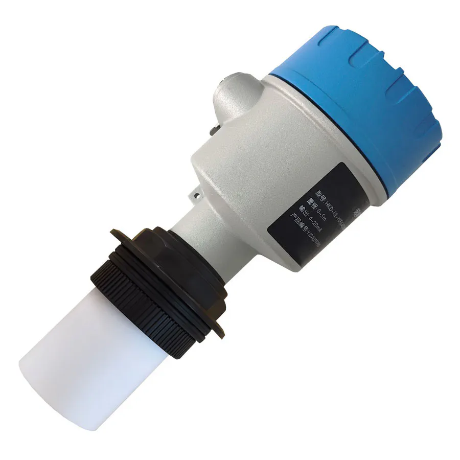 Integrated ultrasonic level sensor with compact housing design for non-contact level measurement in industrial tanks.