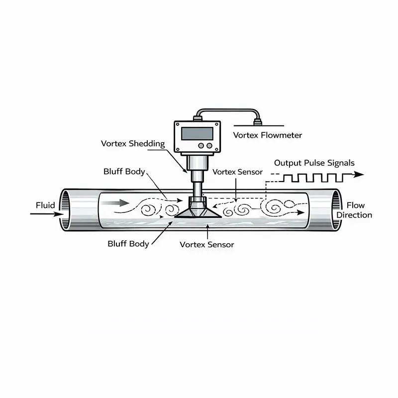 Vortex flow meter working principle diagram showing fluid passing a bluff body to generate vortex signals and output pulse signals for flow calculation.