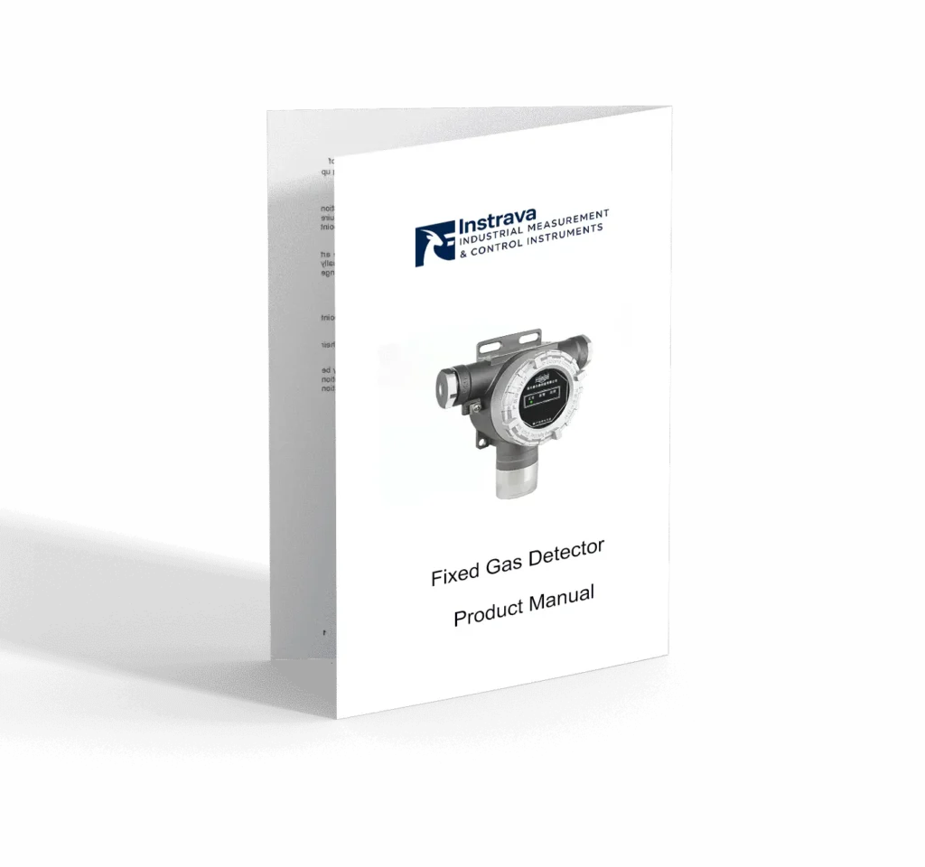 This image shows the product manual cover for a fixed gas detector, featuring an image of the device and its product name, designed for industrial gas leak monitoring.
