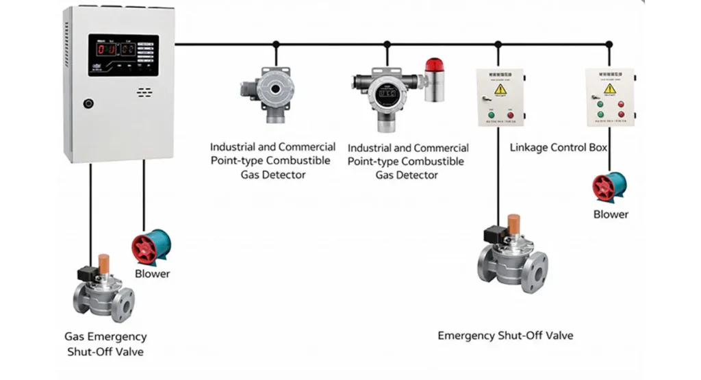 Système intégré de détection des gaz combustibles comprenant des détecteurs de gaz, un panneau de commande, un boîtier de commande de liaison, un ventilateur et des vannes d'arrêt d'urgence.