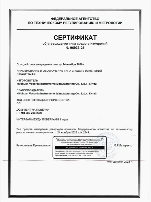 LZ Metal Rotor Flowmeter PAC Certificate