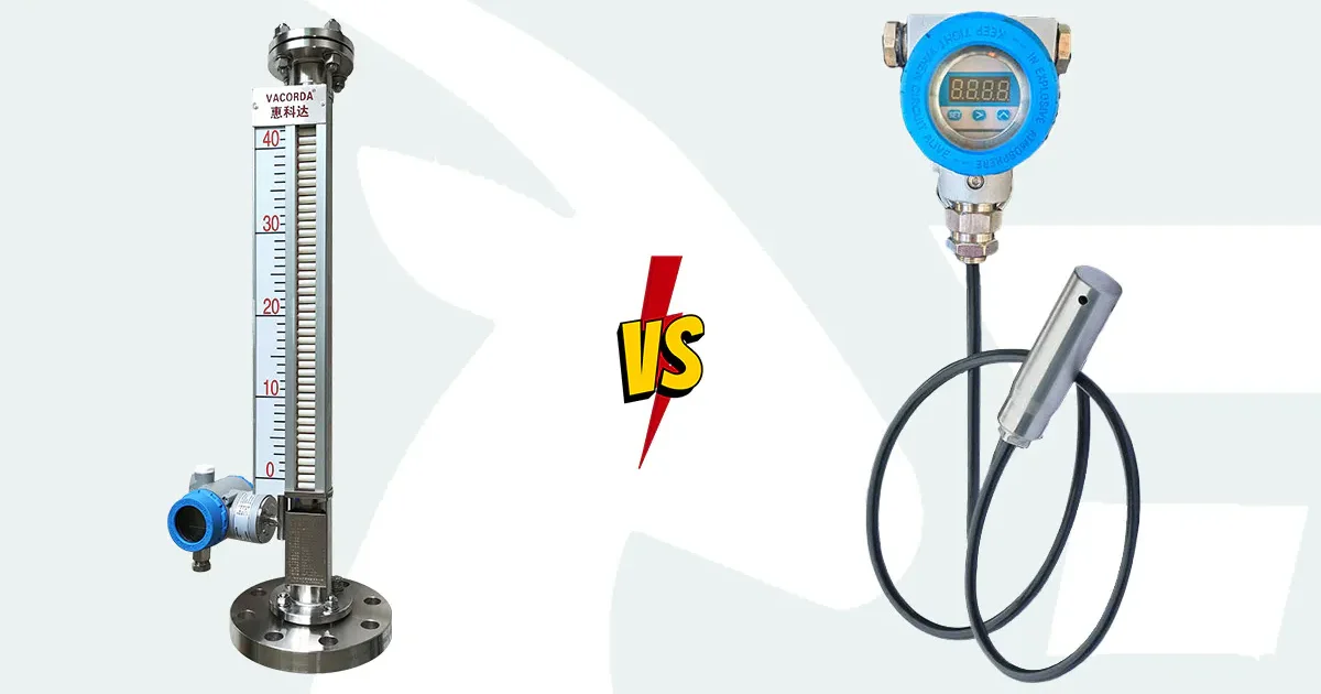 Magnetic level gauge vs hydrostatic level gauge comparison image, showing a magnetic level gauge on the left and a hydrostatic level transmitter on the right, highlighting differences in structure and level measurement methods.