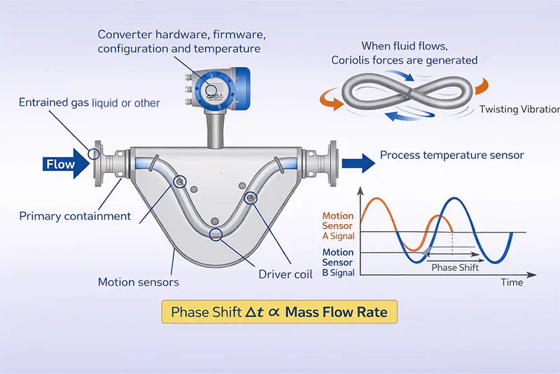 Coriolis mass flow meter working principle showing phase shift and mass flow measurement