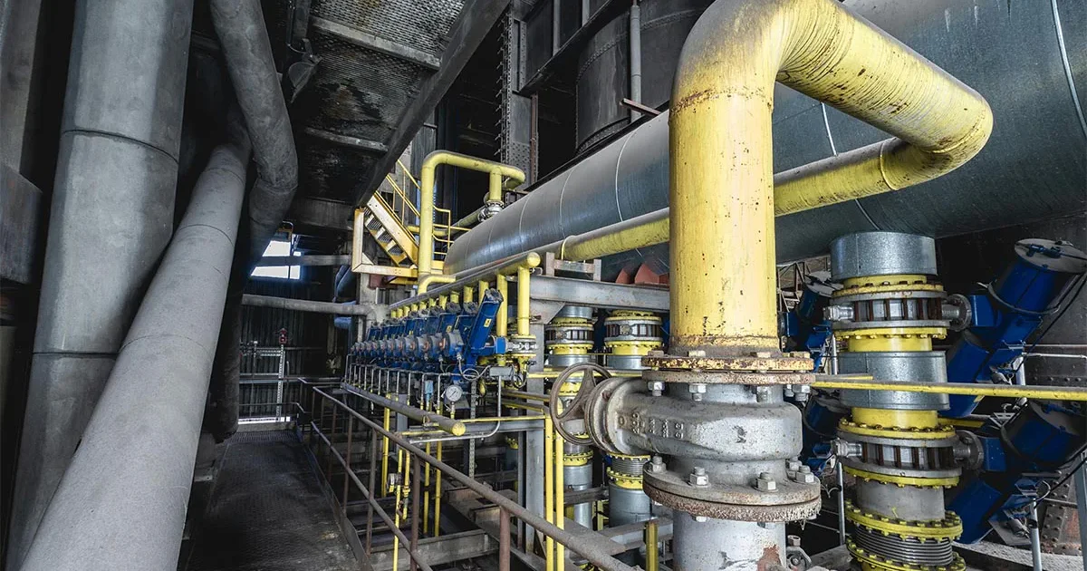 This image shows the application of flow meters in an industrial pipeline system, featuring equipment and pipes used for fluid flow measurement, with yellow-marked pipes and valves.