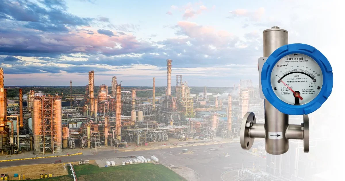 This image shows a metal tube float flowmeter with a large industrial facility in the background, suitable for liquid flow measurement, particularly for water and other liquids.