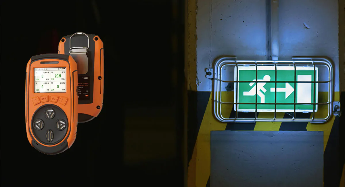Multi-gas detector and safety evacuation sign in industrial environment Gas detection and safety monitoring for hazardous environments