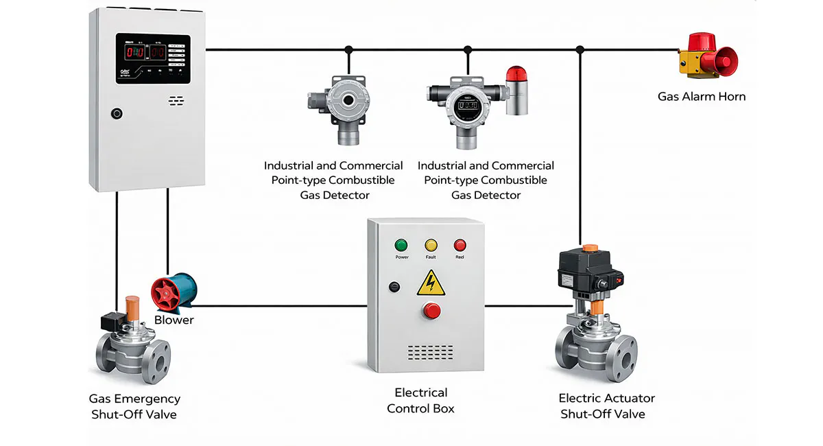 Industrial gas detection system with gas detectors, alarm horn, electrical control box, emergency shut-off valve, suitable for industrial gas leak monitoring.