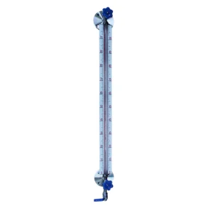 Vertical glass tube level gauge with top and bottom valves and scale plate for industrial vessel liquid level monitoring.