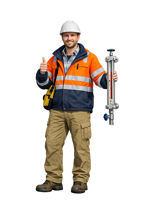 Industrial engineer holding a glass tube level gauge Liquid level measurement instrument for industrial applications