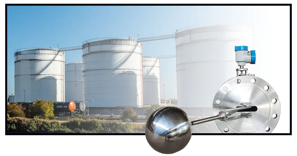 Float type level transmitter installed on large industrial storage tanks for continuous liquid level measurement