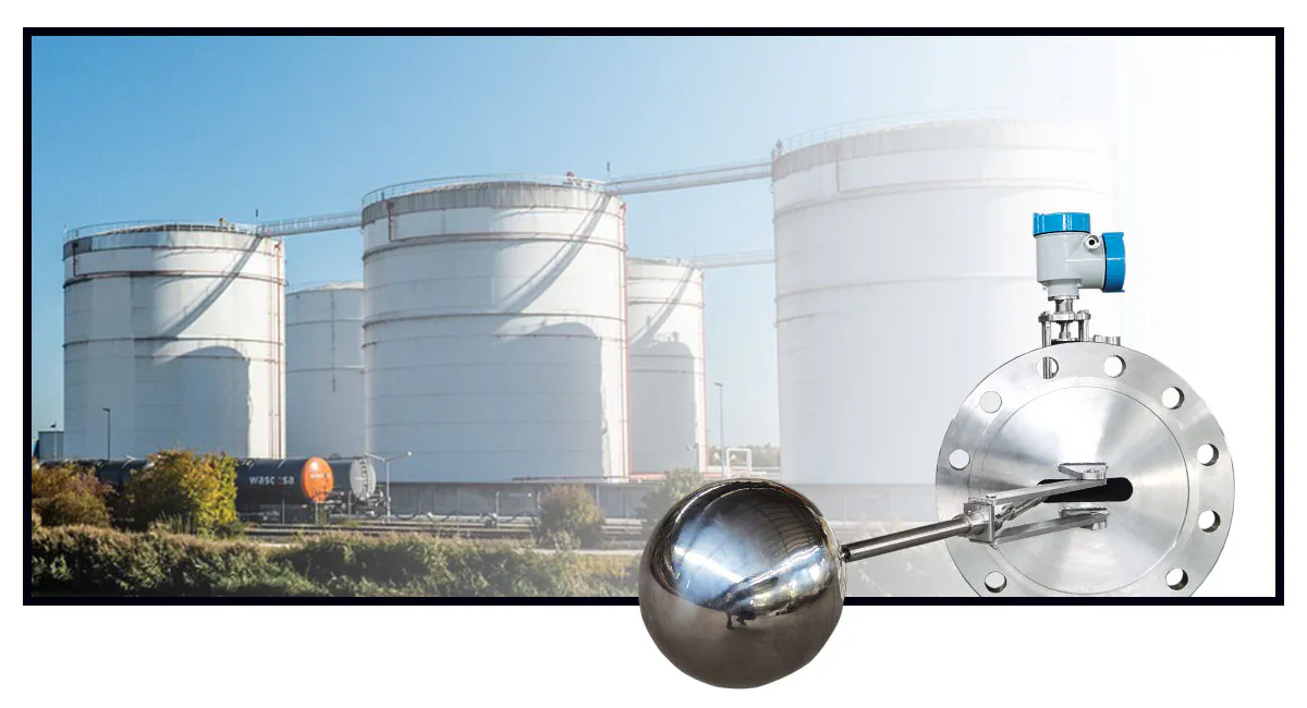 Float type level transmitter installed on large industrial storage tanks for continuous liquid level measurement