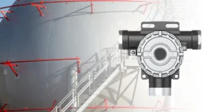 This image shows a fixed propane gas detector installed in an industrial storage tank area, designed for real-time monitoring of propane gas leaks to enhance operational safety.