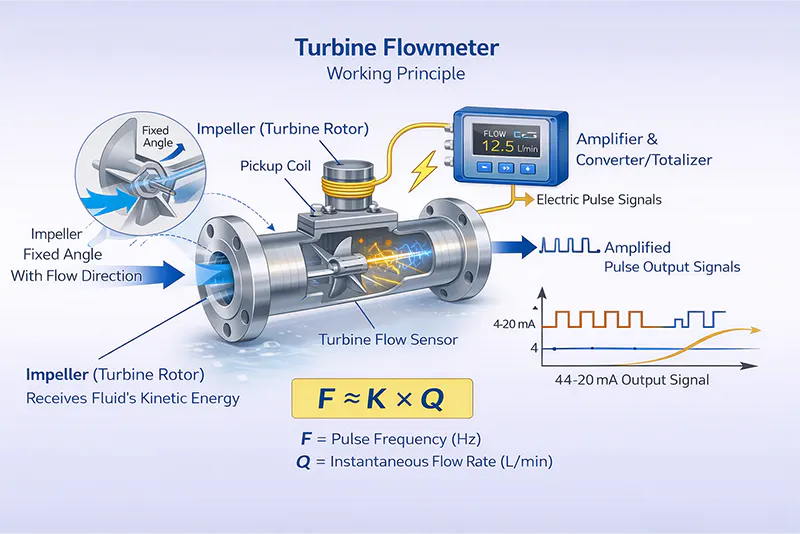 Turbine flow meter working principle diagram showing rotor, pulse signal, and 4–20 mA output