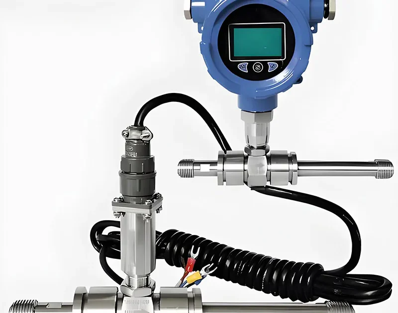 caudalímetro tipo turbina instalado con transmisor digital para medición de caudal de líquidos