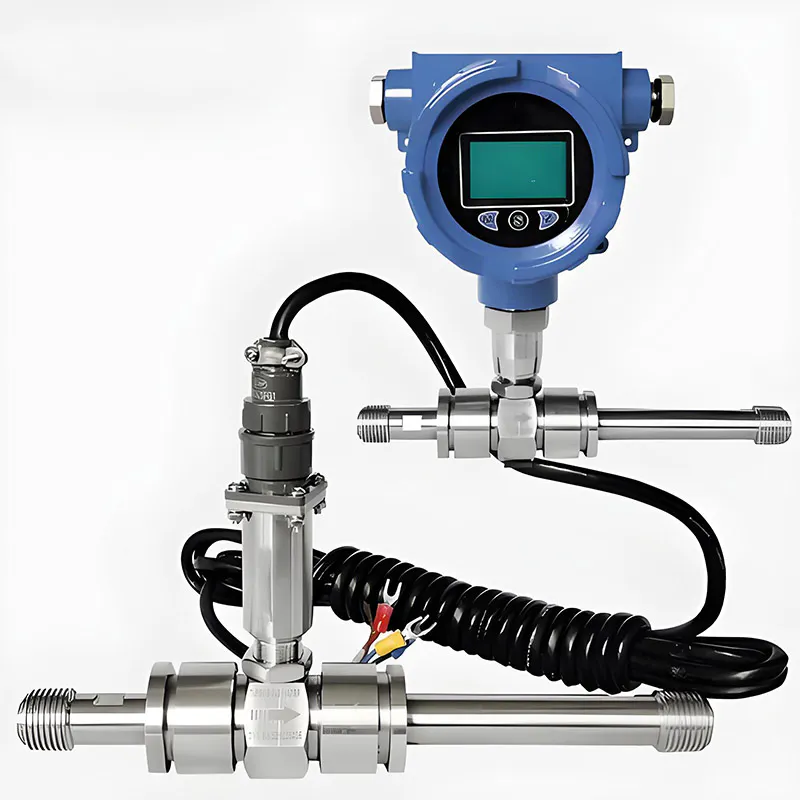 turbine type flow meter installed with digital transmitter for liquid flow measurement