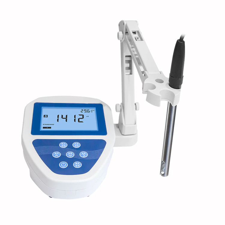 Benchtop conductivity meter with a display screen, suitable for laboratory water quality analysis.