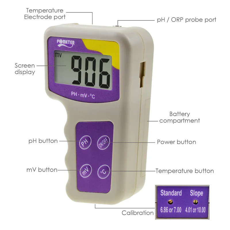 High-quality pH meter, displaying pH value and temperature, suitable for precise measurement.