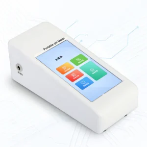 Portable pH meter with touchscreen, displaying the main menu and settings options.